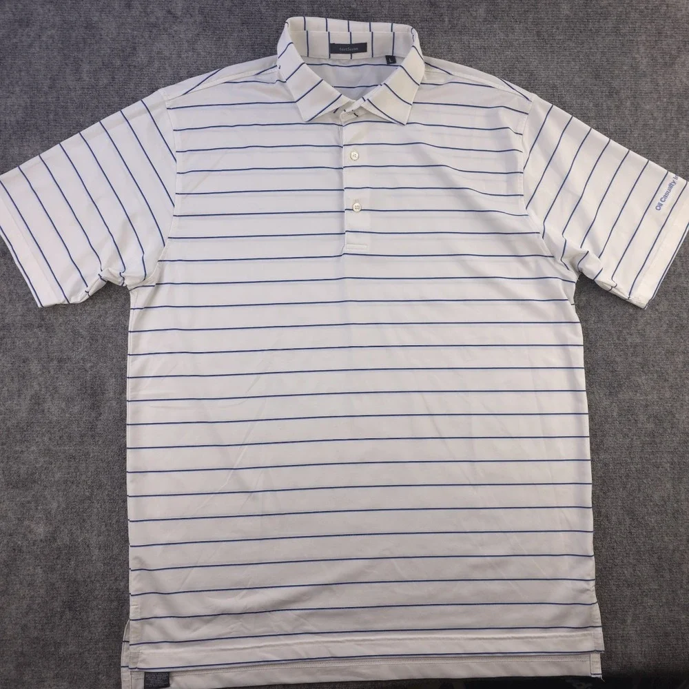 Turtleson Polo Large White Blue Striped Performance Stretch Short‎ Sleeve